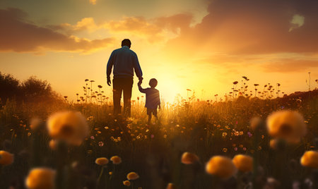 father and son silhouette in flower field at sunset, ai generative designの素材