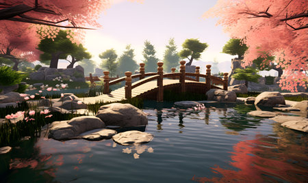japanese zen garden bridge with cherry trees, ai generative designの素材