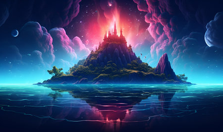 digital art neon cyberpunk island, ai generative designの素材