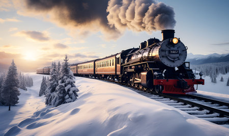 steam train in winter road full of snow, ai generative designの素材