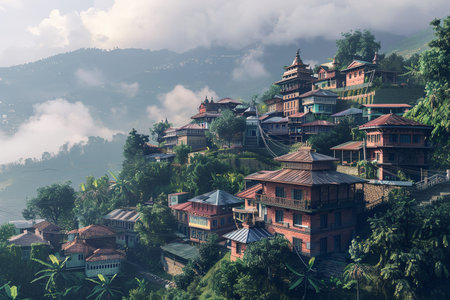 ai generative houses in misty mountains village graphicの素材