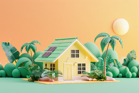 ai generative 3d house miniature model with solar panel and soft pastel color graphicの素材