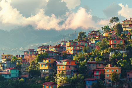 ai generative houses in misty mountains village graphicの素材