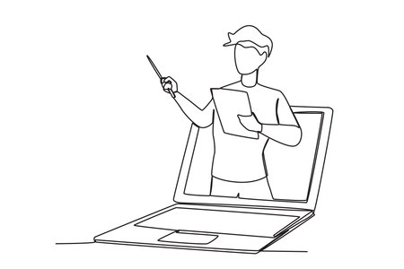 continuous line drawing of a man with a pointer and a laptopのイラスト素材