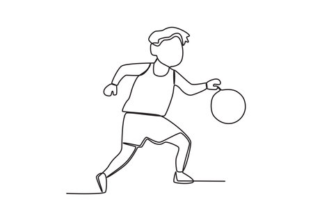 continuous line drawing of a boy playing soccer. Vector illustration.のイラスト素材