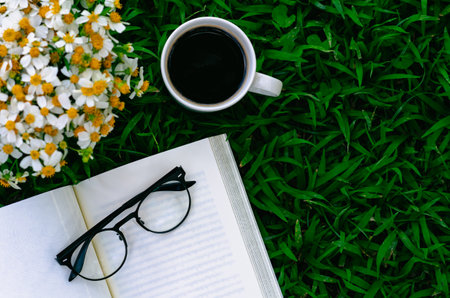 Leisure in morning at garden with coffee, book and flowers on the lawn.の写真素材