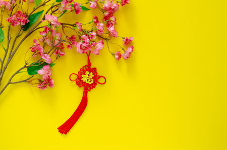 Hanging pendant for Chinese new year ornament (meaning of word is wealth) with Chinese blossom flowers on yellow background.の写真素材