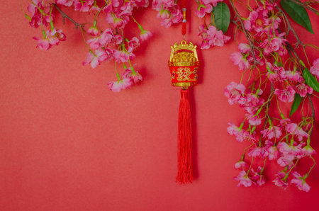 Hanging pendant for Chinese new year ornament (meaning of word is wealth) with Chinese blossom flowers on red background.の写真素材