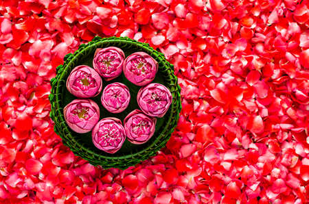 Banana leaf Krathong with lotus flowers for Thailand Full moon or Loy Krathong festival on red rose petals background.の写真素材