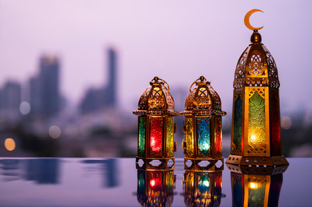 Selective focus on big lantern with dusk sky and city bokeh light background for the Muslim feast of the holy month of Ramadan Kareem.の写真素材
