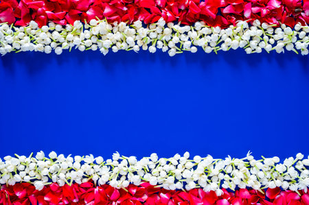 Jasmine and red rose petals on empty blue background set as Thailand flag for Thailand songkran festival concept.の写真素材