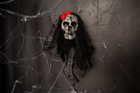 A spooky decorative skull with a black lace veil and a bright red flower against a dark cobweb...