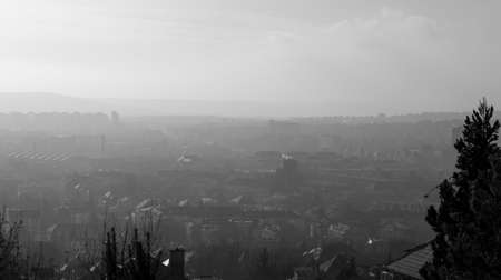 The fog and the town, black and whiteの写真素材