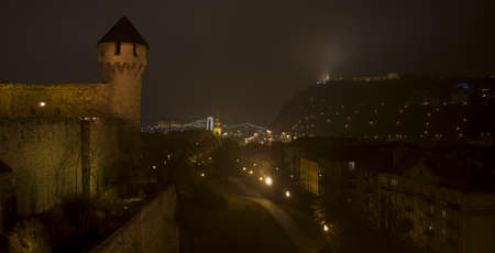 The tower of castle of Budapest and the hillの写真素材