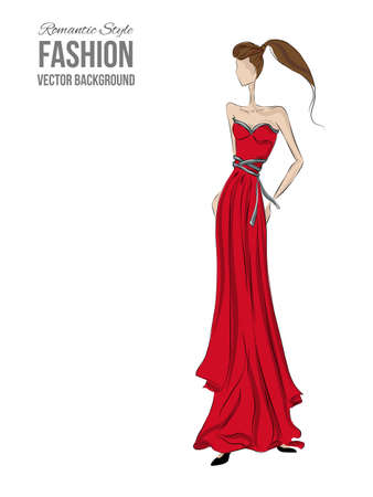 Fashion model. Sketch silhouette. Vector draw model. Vector fashion style. Fashion background. Vintage style background. Bisyness fashion style. Romantic style. Dress sketch. Red dress. Coctale dress.のイラスト素材