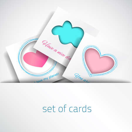 Set colorful love card. Vector design pink and blue card. Art advertising template. Trendy holiday card. Valentine's white card. Pink heart.のイラスト素材