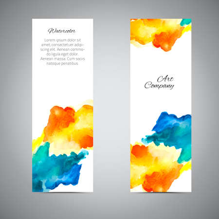 Vector banners set. Vector colorful label. Template business card. Company name card. Vector watercolor banner. Handmade trendy card. Yellow and blue  blotのイラスト素材