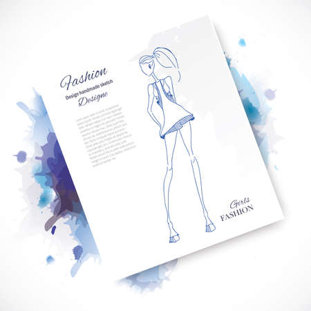 fashion model. sketch silhouette. vintage lady. Dress pencil sketch. fashion outline. style  lady. fashion girl. Watercolor fashion paint.のイラスト素材