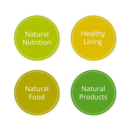 Healthy food eco stickers. Vector stickers set for food store and packaging. Natural food lable.のイラスト素材