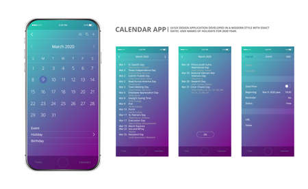 User interface design. Mobile calendar app. Phone app calendar 2020 year. Names and dates of holidays for 2020 year. Holiday mobile application.のイラスト素材