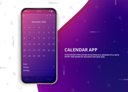 User interface design. Mobile calendar app. Phone app calendar 2020 year. Names and dates of holidays for 2020 year.のイラスト素材
