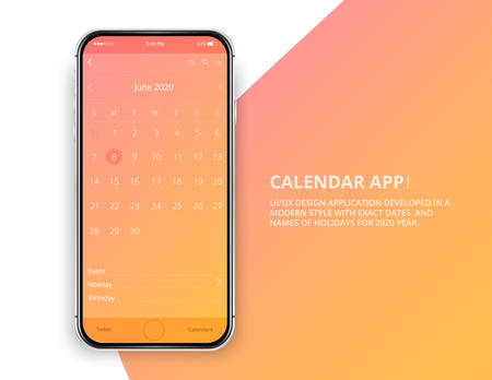 User interface design. Mobile calendar app. Phone app calendar 2020 year. Names and dates of holidays for 2020 year. June calendar.のイラスト素材