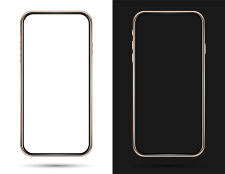 Isolated empty cell phone mockup. Golden phone on the dark background. Golden phone on the white backgroundのイラスト素材