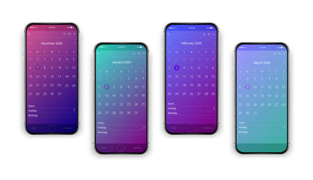 Smartphone, mobile phone isolated, realistic vector cell phone. Silver smartphone. Mobile application. Calendar 2020.のイラスト素材