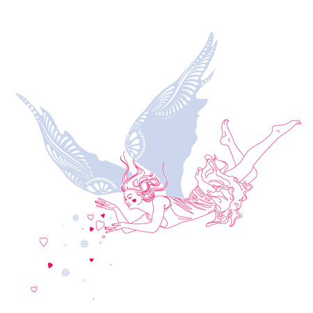 Christmas Red Angel with Hearts and Gray Snowflakes. Red Girl with Gray Wings. Isolated on White background. Vector Illustration. New Year Theme. Great Icon for Postcard.のイラスト素材