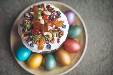 still life easter cake and painted easter eggsの写真素材