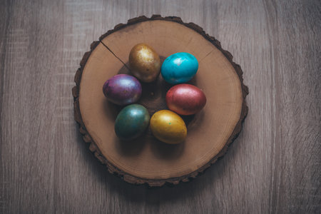 colored Easter eggs still life on the tableの写真素材