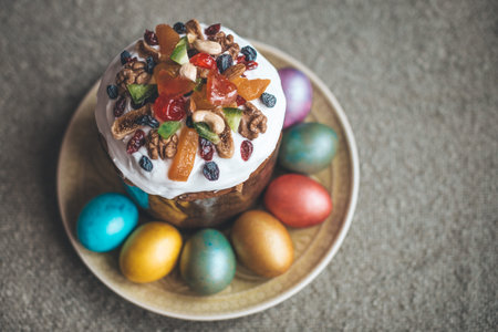 still life easter cake and painted easter eggsの写真素材