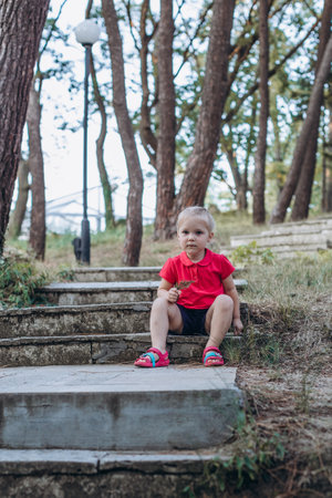 Little boy sitting on the stairs in the park. The child is dressed in a red T-shirt and shorts.の写真素材