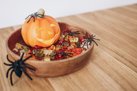 Autumn Still Life Halloween Pumpkin, Sweets and Spidersの写真素材