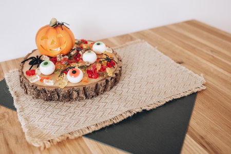 Autumn Still Life Halloween Pumpkin, Sweets and Spidersの写真素材