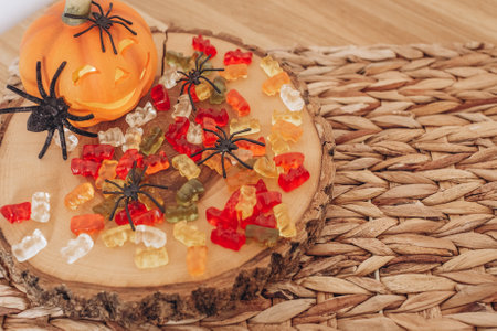 Autumn Still Life Halloween Pumpkin, Sweets and Spidersの写真素材