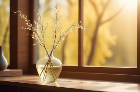 Vase with dried flowers on wooden table near window. Interior designの素材