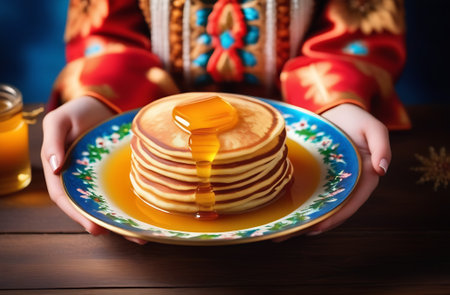 Hands holding plate with tasty pancakes and honey on wooden table, closeupの素材