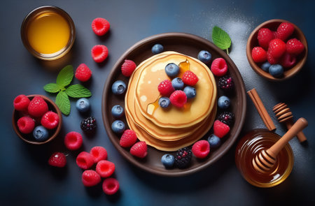 Pancakes with fresh berries and honey on a dark background.の素材