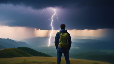 Man with backpack standing on top of the mountain and looking at the stormy skyの素材
