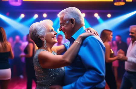 Elderly couple dancing at night club. They are looking at each other and smilingの素材
