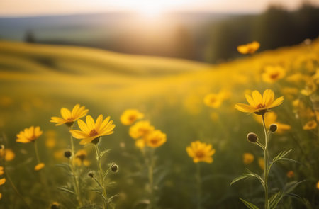 Sunset over yellow daisy flowers in Tuscany, Italyの素材