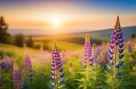 Beautiful lupine flowers on the field at sunset. Nature backgroundの素材