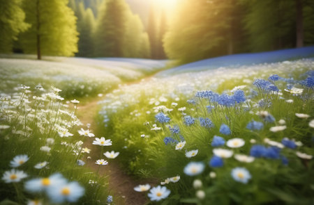 Beautiful spring meadow with blue flowers and sunbeams.の素材