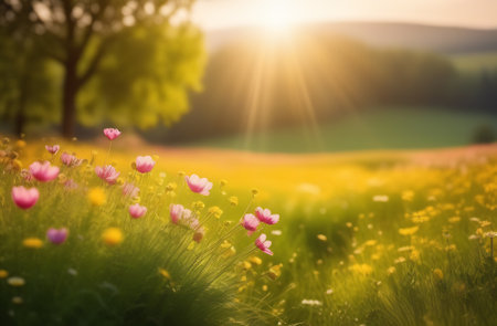 Beautiful spring flowers in the meadow at sunset. Nature backgroundの素材