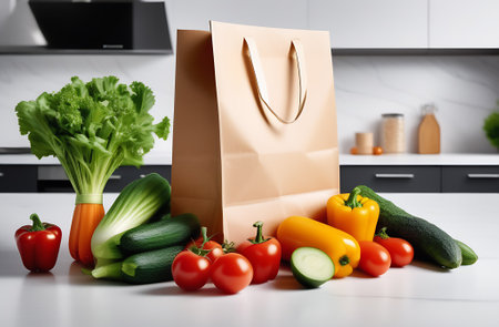 Fresh vegetables in paper bag on white table in kitchen. Healthy food conceptの素材