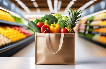 Shopping bag with fresh vegetables and fruits in supermarket, closeupの素材