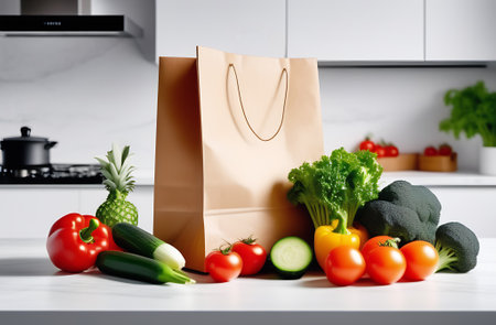 Shopping bag with fresh vegetables on white table in modern kitchen.の素材