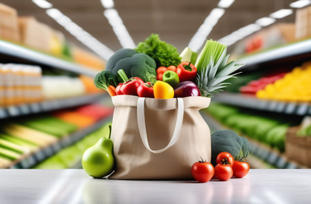 Shopping bag full of fresh vegetables on blurred supermarket background, closeupの素材
