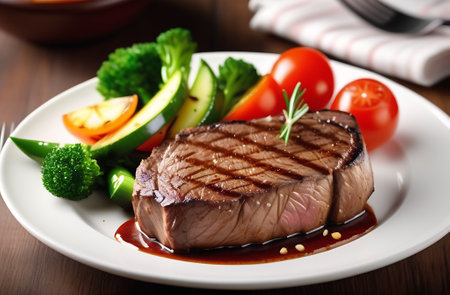 Grilled beef steak with vegetables on white plate, close-upの素材